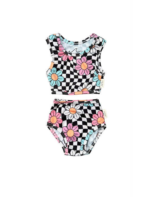 Checkered Floral Two Piece Girl Swimsuit