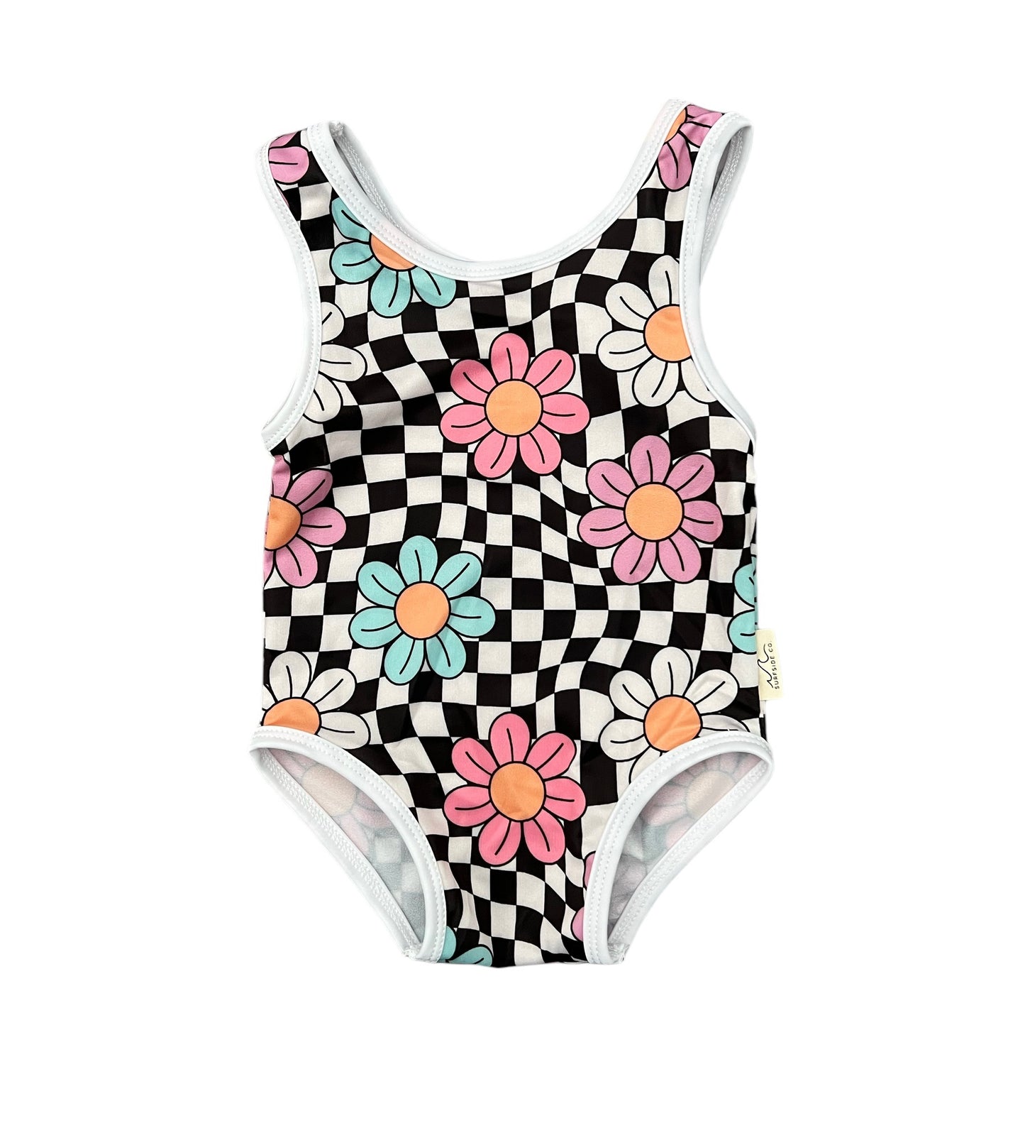 Checkered Floral Girl One Piece Swimsuit