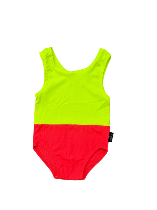 New! HI-VIZ Colorblock (Neon Yellow/Neon Coral) Ribbed Girl One Piece Swim
