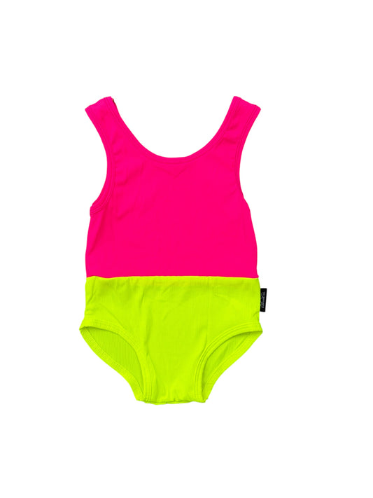 New! HI-VIZ Colorblock (Neon Yellow/Neon Pink) Ribbed Girl One Piece Swim